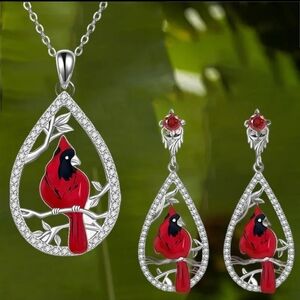 3pcs Cardinal Pendant Earrings Necklace Set